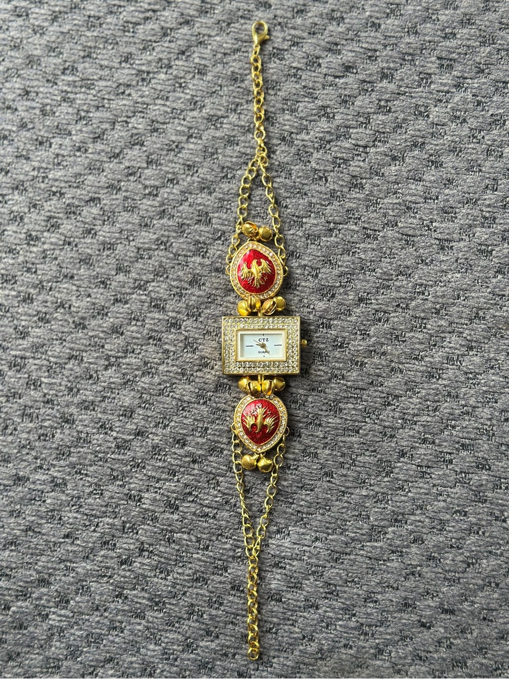 Gold-Tone Bracelet Watch with Red Enamel Accents